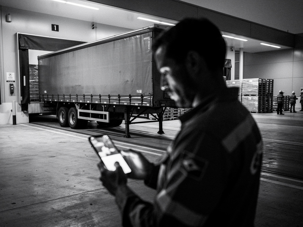 Driver checks the delivery on his phone at a warehouse dock